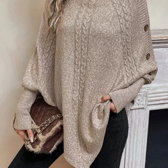 Khaki Casual Women's Turtleneck Batwing Sleeve Button Detail Poncho Sweater top